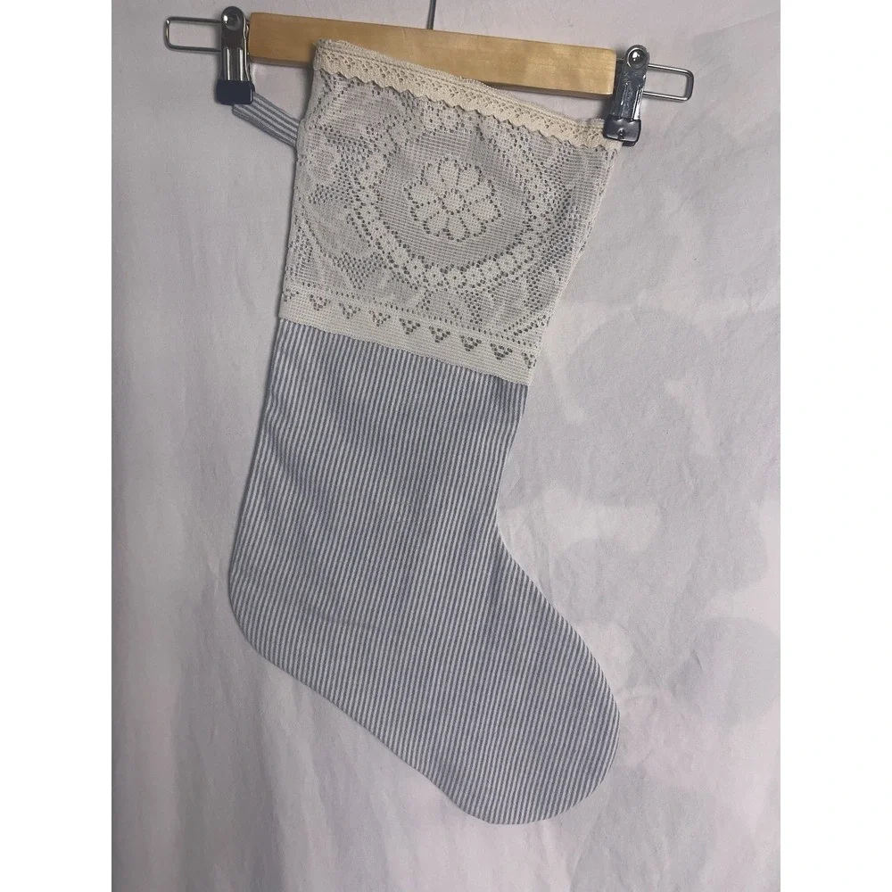 Handmade linen blend blue striped lace VTG style cuff Christmas stocking